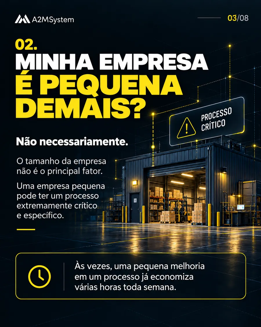Dúvida 2: Minha empresa é pequena demais? Não necessariamente. Às vezes, uma pequena melhoria em um processo já economiza várias horas toda semana.