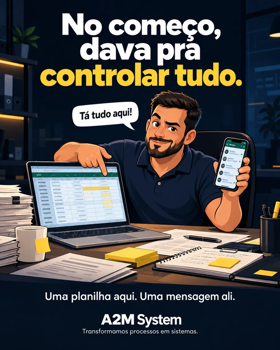 No começo, dava pra controlar tudo: um gestor com planilha e celular diz ‘Tá tudo aqui!’. Uma planilha aqui, uma mensagem ali.