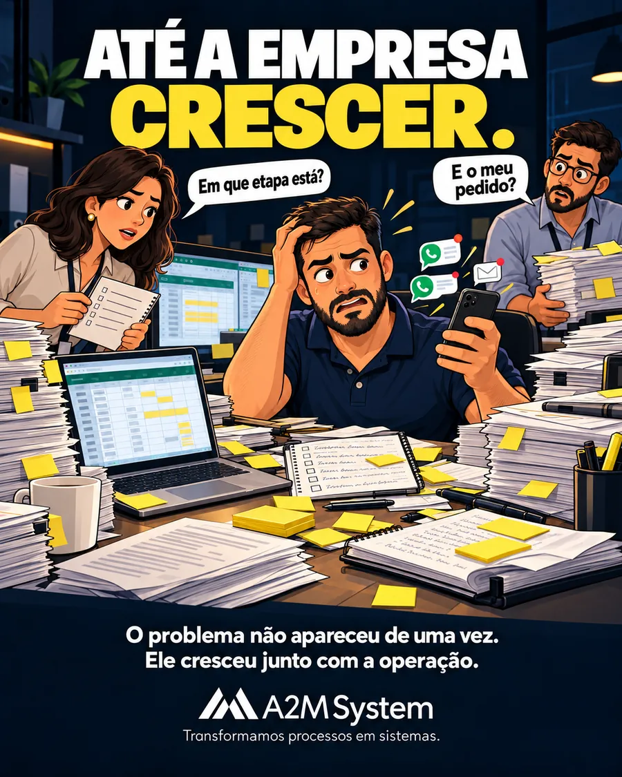 Até a empresa crescer: o gestor sobrecarregado entre papéis e mensagens, ouvindo ‘Em que etapa está?’ e ‘E o meu pedido?’.