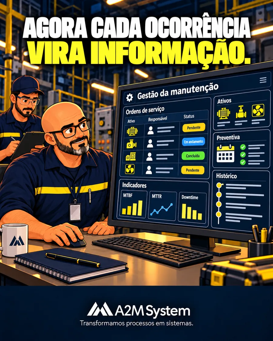 Agora cada ocorrência vira informação: sistema de gestão da manutenção com ordens de serviço, ativos, preventivas, histórico e indicadores como MTBF, MTTR e downtime.